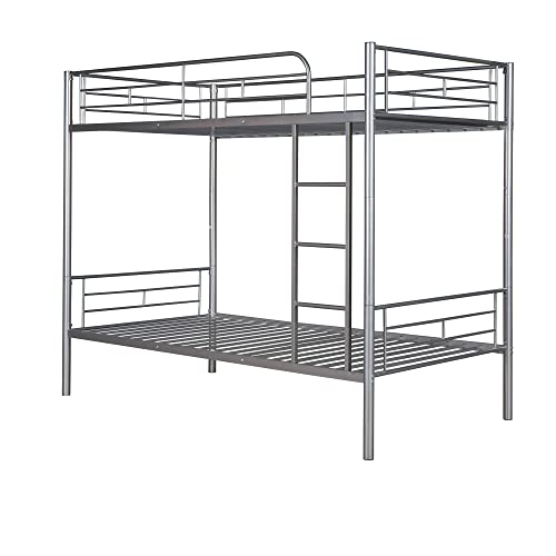 EMKK Metal Floor Bunk Bed, Twin Over Twin,Metal Bunk Bed, Twin Over Twin Size Beds with Sturdy Guard Rail & Removable Ladder,White