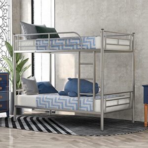 emkk metal floor bunk bed, twin over twin,metal bunk bed, twin over twin size beds with sturdy guard rail & removable ladder,white