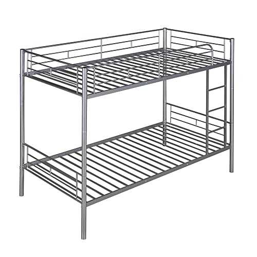 EMKK Metal Floor Bunk Bed, Twin Over Twin,Metal Bunk Bed, Twin Over Twin Size Beds with Sturdy Guard Rail & Removable Ladder,White