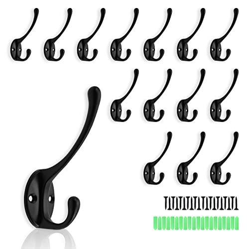 Potaosey 15PC Black Coat Hooks, Black Hooks for Mudroom,Double Prongs Coat Hooks,Retro Hooks Wall Mounted,Towel Hooks,Robe Hooks