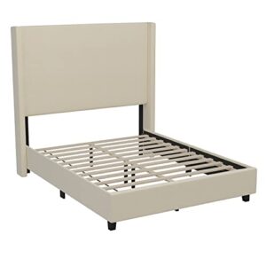 Merrick Lane Bramlett Modern Full Size Platform Bed Frame with Padded Faux Linen Upholstered Wingback Headboard and Wood Support Slats in Beige