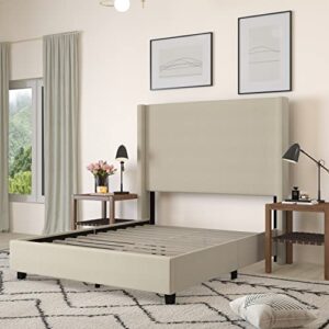 Merrick Lane Bramlett Modern Full Size Platform Bed Frame with Padded Faux Linen Upholstered Wingback Headboard and Wood Support Slats in Beige