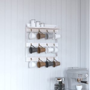 merrick lane steeley wooden wall mount 12 cup mug rack organizer with upper storage shelf and metal hanging hooks with no assembly required, whitewashed