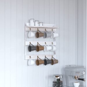 Merrick Lane Steeley Wooden Wall Mount 12 Cup Mug Rack Organizer with Upper Storage Shelf and Metal Hanging Hooks with No Assembly Required, Whitewashed