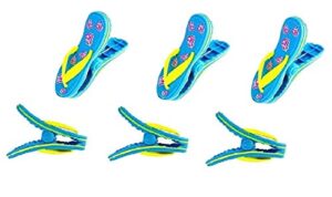 3 set (6 ct) of blue flower flip flops beach towel clips jumbo size for beach chair, cruise beach patio, pool accessories, household close snacks clip, baby stroller by c&h solutions