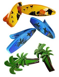3 set (6 ct) ,coconut, yellow surfboard, blue surfboard beach towel clips jumbo size for beach chair, cruise beach patio, pool accessories, household snacks clip, baby stroller clips by c&h solutions