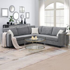 evedy 91'' l-shaped couch for home use fabric,3 pillows included, grey big sectional sofa