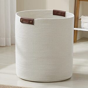 Organizix Large Cotton Rope Laundry Hamper Woven Basket with Leather Handles, Storage Basket for Toys, Blanket, Throws, Pillows and Towels - 16 x 18, Cream