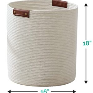 Organizix Large Cotton Rope Laundry Hamper Woven Basket with Leather Handles, Storage Basket for Toys, Blanket, Throws, Pillows and Towels - 16 x 18, Cream