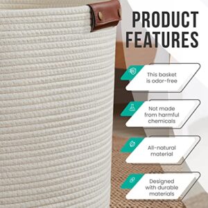 Organizix Large Cotton Rope Laundry Hamper Woven Basket with Leather Handles, Storage Basket for Toys, Blanket, Throws, Pillows and Towels - 16 x 18, Cream