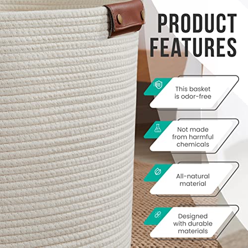 Organizix Large Cotton Rope Laundry Hamper Woven Basket with Leather Handles, Storage Basket for Toys, Blanket, Throws, Pillows and Towels - 16 x 18, Cream