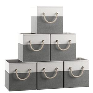 ornavo home foldable collapsible storage box bins linen fabric shelf basket cube organizer with rope handles - set of 6-13 x 13 x 13 - white/gray