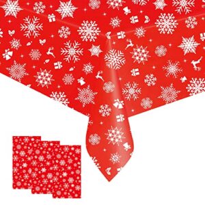 dmhirmg christmas tablecloth decorations 3pcs 54 x 108inch red plastic christmas trees snowflakes table cover winter snowman christmas tablecloth for christmas holiday (red, 54" x 108")