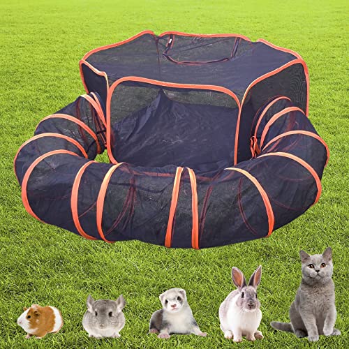 BNOSDM Small Animal Playpen Large Rabbit Playpen with Tunnel Portable Guinea Pig Cage Breathable & Transparent Exercise Yard Fence with Cover for Kitten Puppy Bunny Hamster Chinchilla