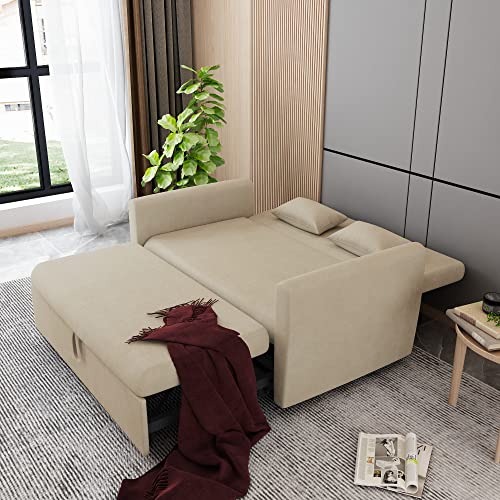 NOSGA Sofa Bed, Velvet Sleeper Sofa Bed Pull Out Sofa Bed Pull Out Sofa Sleeper Convertible with 2 Pillows Adjustable Backrest 55" Modern Adjustable Pull Out Bed Lounge Chaise, Beige