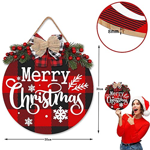 Hooshing Christmas Sign Red Buffalo Plaid Welcome Sign for Front Door Christmas Hanging Decoration for Farmhouse Porch Outdoor Holiday