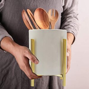 Kitchen Utensil Holder, 7.87″ Extra-Large Ceramic Stable Utensil Caddy,Rustic Cooking Utensil Crock for Farmhouse Kitchen Décor with Countertop-Protection Metal frame, Counter Utensil Organizer