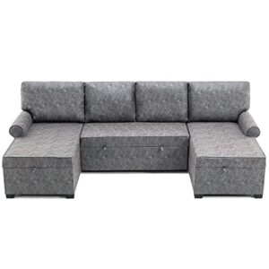 MOEO 108.75" U-Shaped Living Room Sectional Sofa with 2 Chaise Lounges, Large Reversible 6-Seater Couch w/Two USB Port Plug, Storage, Pull Out Bed, Upholstered Nail Head Trim, Grey