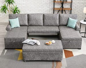 moeo 108.75" u-shaped living room sectional sofa with 2 chaise lounges, large reversible 6-seater couch w/two usb port plug, storage, pull out bed, upholstered nail head trim, grey