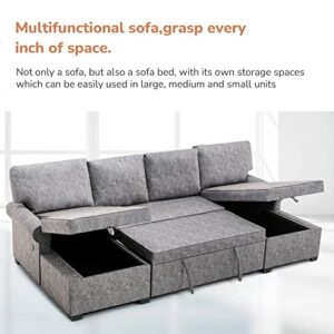 MOEO 108.75" U-Shaped Living Room Sectional Sofa with 2 Chaise Lounges, Large Reversible 6-Seater Couch w/Two USB Port Plug, Storage, Pull Out Bed, Upholstered Nail Head Trim, Grey