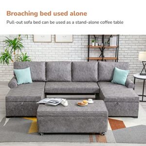 MOEO 108.75" U-Shaped Living Room Sectional Sofa with 2 Chaise Lounges, Large Reversible 6-Seater Couch w/Two USB Port Plug, Storage, Pull Out Bed, Upholstered Nail Head Trim, Grey