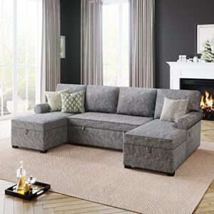 MOEO 108.75" U-Shaped Living Room Sectional Sofa with 2 Chaise Lounges, Large Reversible 6-Seater Couch w/Two USB Port Plug, Storage, Pull Out Bed, Upholstered Nail Head Trim, Grey