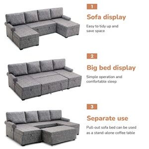 MOEO 108.75" U-Shaped Living Room Sectional Sofa with 2 Chaise Lounges, Large Reversible 6-Seater Couch w/Two USB Port Plug, Storage, Pull Out Bed, Upholstered Nail Head Trim, Grey