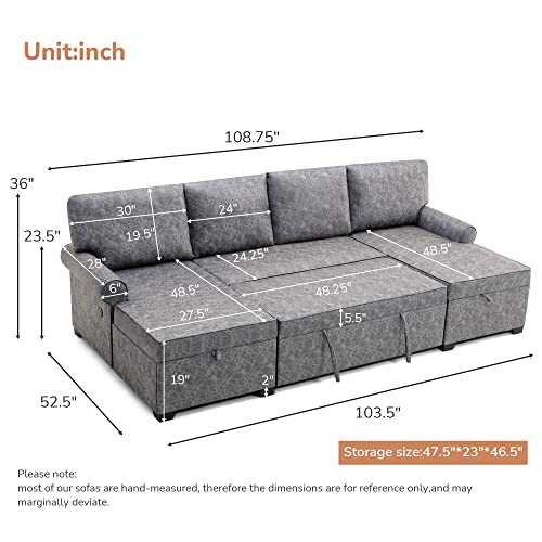 MOEO 108.75" U-Shaped Living Room Sectional Sofa with 2 Chaise Lounges, Large Reversible 6-Seater Couch w/Two USB Port Plug, Storage, Pull Out Bed, Upholstered Nail Head Trim, Grey