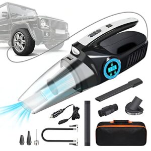 portable car vacuum cleaner, rechargeable 4-in-1 car vacuum cleaner, 120w/8000pa strong suction power handheld car vacuum with led light/ lcd display, 14ft power cord, 2 hepa filter 3 types of nozzles