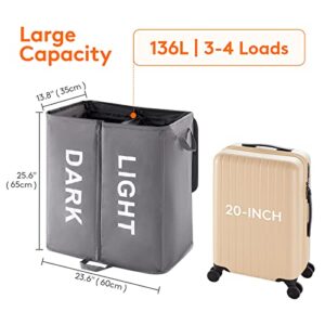 Lifewit 136L Double Laundry Hamper with Lid, Bundle with 105L Double Laundry Hamper with Lid, Grey