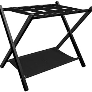 Fandature Folding Luggage Rack for Guest Room, Metal Foldable Suitcase Stand Holder with Colth Shelf for Bedroom, Black, 1pack