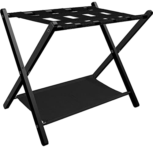 Fandature Folding Luggage Rack for Guest Room, Metal Foldable Suitcase Stand Holder with Colth Shelf for Bedroom, Black, 1pack