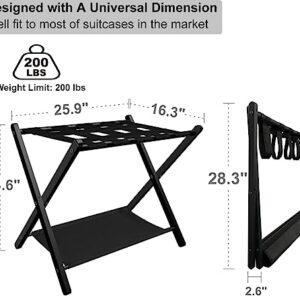 Fandature Folding Luggage Rack for Guest Room, Metal Foldable Suitcase Stand Holder with Colth Shelf for Bedroom, Black, 1pack