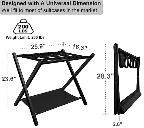 Fandature Folding Luggage Rack for Guest Room, Metal Foldable Suitcase Stand Holder with Colth Shelf for Bedroom, Black, 1pack