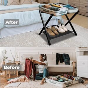 Fandature Folding Luggage Rack for Guest Room, Metal Foldable Suitcase Stand Holder with Colth Shelf for Bedroom, Black, 1pack