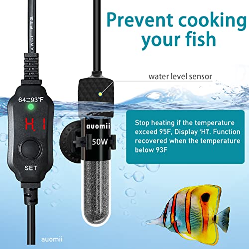 auomii Small Submersible Aquarium Heater,Adjustable Mini Fish Tank Heater 25/50/100/150/200/300 Watts with External Temperature Controller, LED Display, Smart Memory, Used for 1-60 Gallons