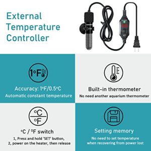 auomii Small Submersible Aquarium Heater,Adjustable Mini Fish Tank Heater 25/50/100/150/200/300 Watts with External Temperature Controller, LED Display, Smart Memory, Used for 1-60 Gallons