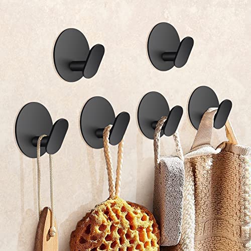 JiGiU Adhesive Hooks, 6 Packs Coat Hooks Towel Holder Wall Hooks Stick Stainless Steel Waterproof Towel Hooks Stickers for Bathroom Bedroom Kitchen Closet Cabinet -Matte Black