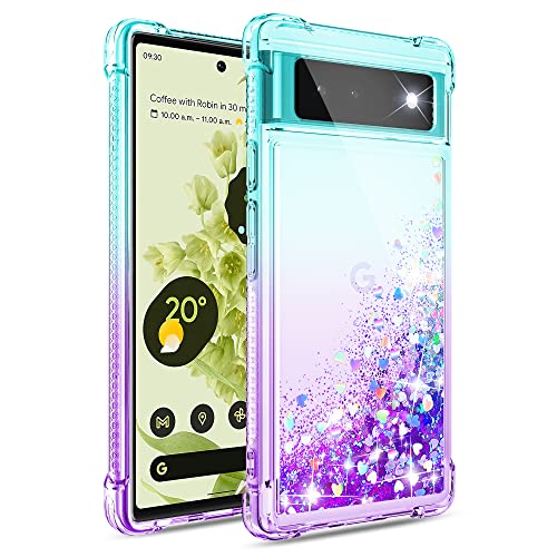 Gritup Pixel 6 Case, Google Pixel 6 Case with HD Screen Protector, Glitter Liquid Pixel 6 Phone Case Gradient Bling Quicksand Protective Soft Phone Case for Google Pixel 6, Teal/Purple