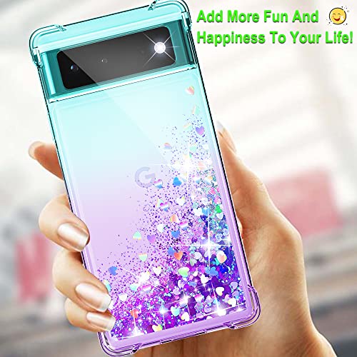 Gritup Pixel 6 Case, Google Pixel 6 Case with HD Screen Protector, Glitter Liquid Pixel 6 Phone Case Gradient Bling Quicksand Protective Soft Phone Case for Google Pixel 6, Teal/Purple