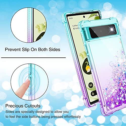 Gritup Pixel 6 Case, Google Pixel 6 Case with HD Screen Protector, Glitter Liquid Pixel 6 Phone Case Gradient Bling Quicksand Protective Soft Phone Case for Google Pixel 6, Teal/Purple