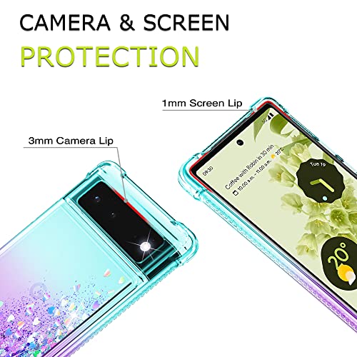 Gritup Pixel 6 Case, Google Pixel 6 Case with HD Screen Protector, Glitter Liquid Pixel 6 Phone Case Gradient Bling Quicksand Protective Soft Phone Case for Google Pixel 6, Teal/Purple