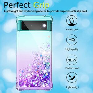 Gritup Pixel 6 Case, Google Pixel 6 Case with HD Screen Protector, Glitter Liquid Pixel 6 Phone Case Gradient Bling Quicksand Protective Soft Phone Case for Google Pixel 6, Teal/Purple