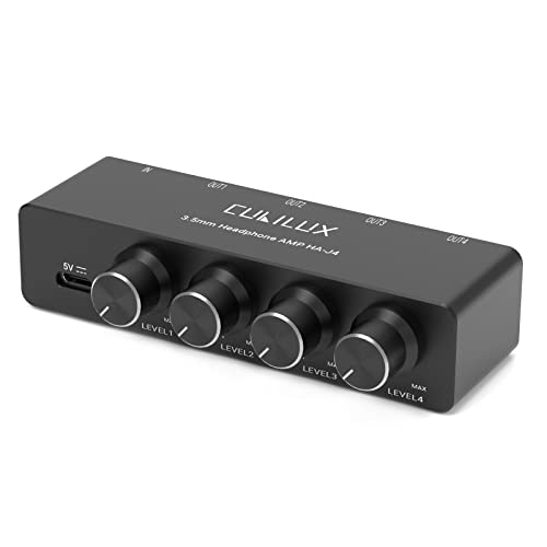 Cubilux 4-Way Headphone Amplifier 3.5mm with Volume Adjustment,Multiple Headphone Jack Splitter for Share Music,Headphone Amplifier for Speaker Earphones Laptop MP3 Player-5V DC Power Supply