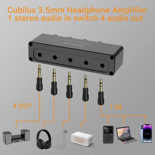 Cubilux 4-Way Headphone Amplifier 3.5mm with Volume Adjustment,Multiple Headphone Jack Splitter for Share Music,Headphone Amplifier for Speaker Earphones Laptop MP3 Player-5V DC Power Supply