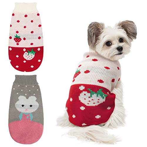 BWOGUE 2 Packs Small Dog Sweater Knitted Puppy Sweater Warm Winter Kitten Clothes Cat Sweater Clothes Cute Strawberry and Rabbit Doggie Sweaters for Small Medium Dogs Girls Boys