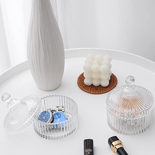 rejomiik 2 Pack Qtip Holder Dispenser Thick Glass Apothecary Jars with Lid for Bathroom Canister Storage Organizers for Vanity, Counter, Makeup Tables for Cotton Swabs, Ball, Floss, Candy, Clear