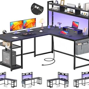 Aheaplus L Shaped Desk with Power Outlet & LED Strip, Reversible Corner Computer / Gaming Desk with Storage Shelf & Monitor Stand, Modern 2 Person For Home Office, Writing , Black