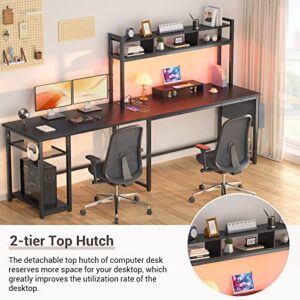 Aheaplus L Shaped Desk with Power Outlet & LED Strip, Reversible Corner Computer / Gaming Desk with Storage Shelf & Monitor Stand, Modern 2 Person For Home Office, Writing , Black