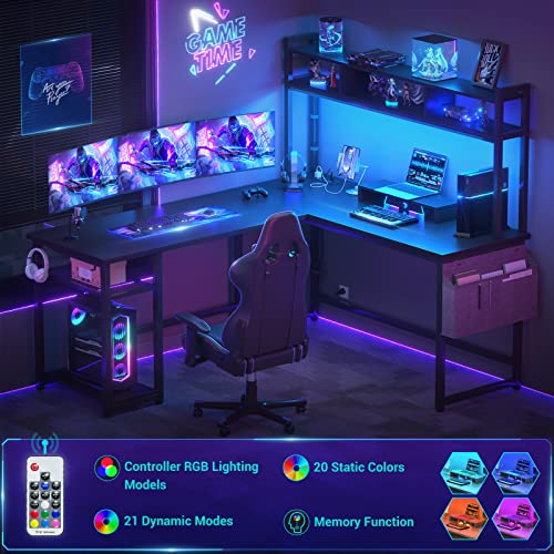 Aheaplus L Shaped Desk with Power Outlet & LED Strip, Reversible Corner Computer / Gaming Desk with Storage Shelf & Monitor Stand, Modern 2 Person For Home Office, Writing , Black